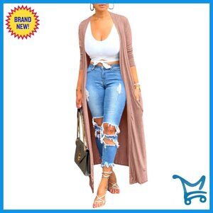 Long Sleeve Maxi Cardigan with Pockets, Lightweight Stretch Fabric, Open Front